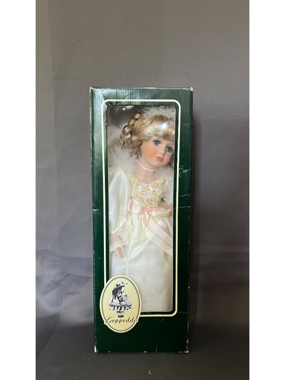 Geppeddo Porcelain Doll In White Dress With Box - 16B056 - Vintage Collectible